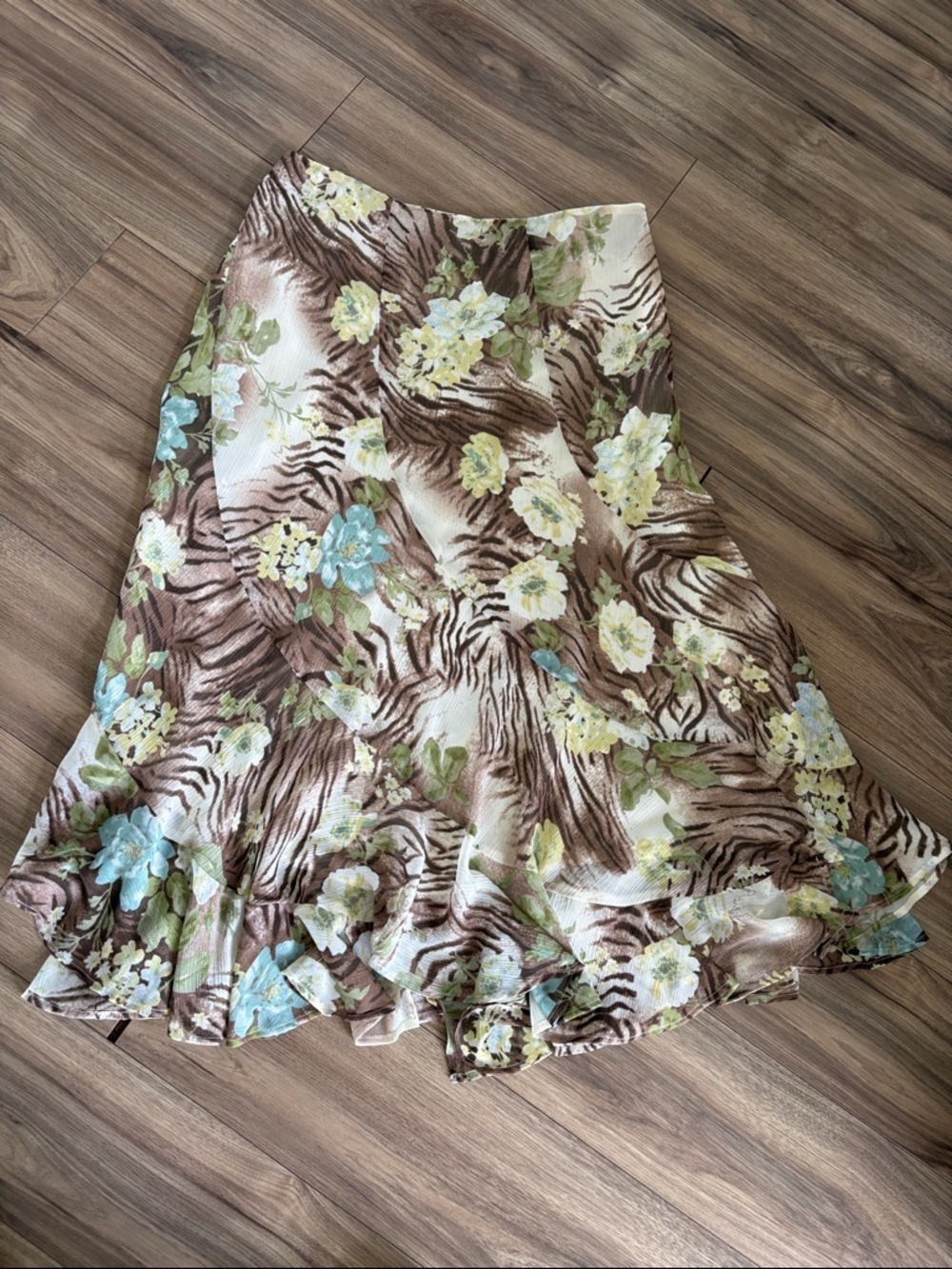 Floral Zebra Print A-Line Skirt — Brown with Blue & Cream Blooms